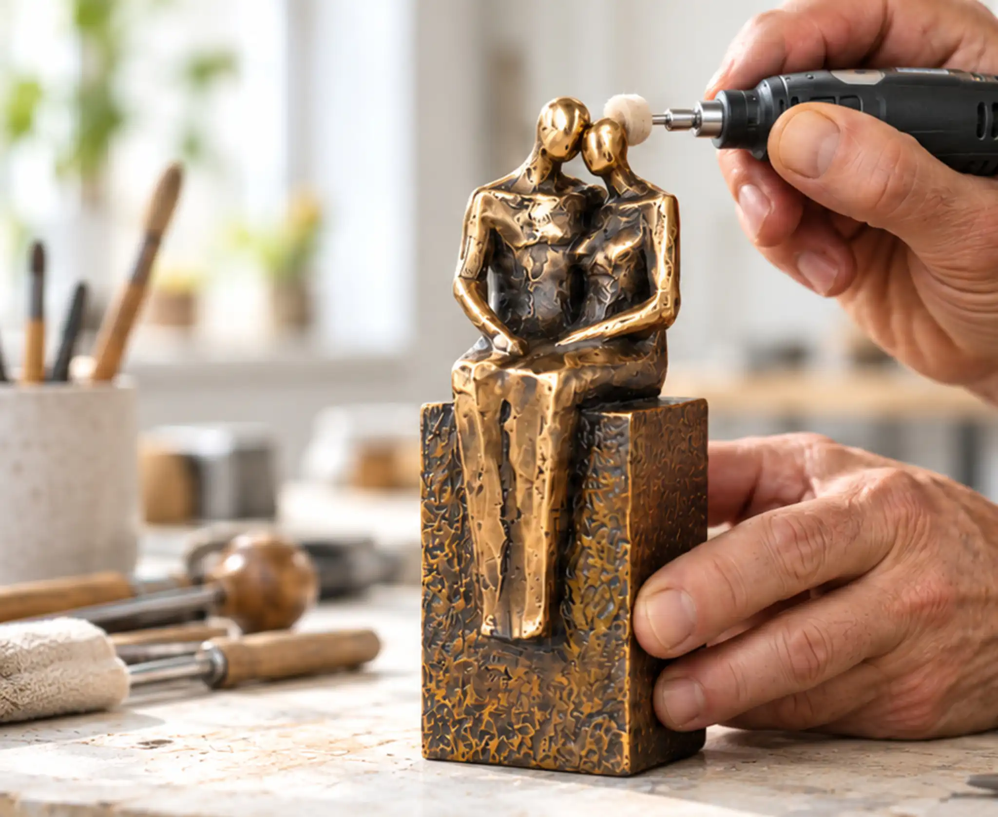 Bronzeskulptur poleres i hånden på værkstedet